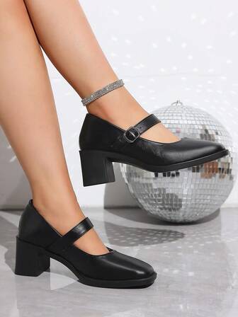 Black High Heel Platform Thick Bottom Hook And Loop Office Lady Shoes, Fashion Round Toe Chunky Heel Shoes For Women, Suitable For All Seasons