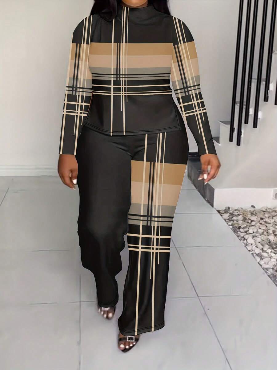 Women's Stylish Plaid Print Plus Size Long Sleeve Tee And Wide Leg Pants Two Piece Set Casual Knitted Co-Ords Outfit - 黃色 - 查看 1