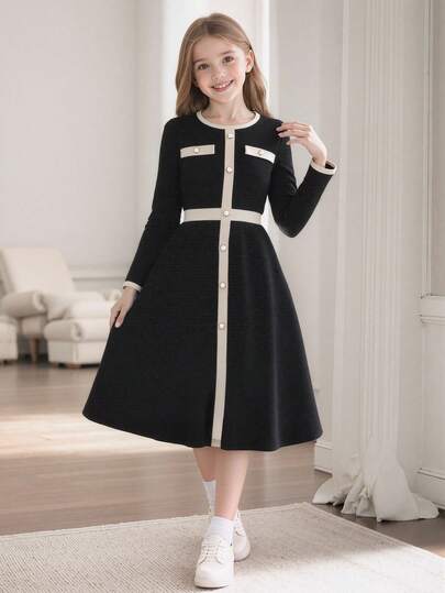 Girls & Women Casual Cute Elegant Color Block Round Neck Long Sleeve Dress, Autumn/Winter