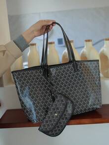 复古奢华新时尚高品质休闲小众大容量通勤手提包，时尚条纹印花设计女士手提包、单肩包和购物袋 - 黑色 - 查看 8