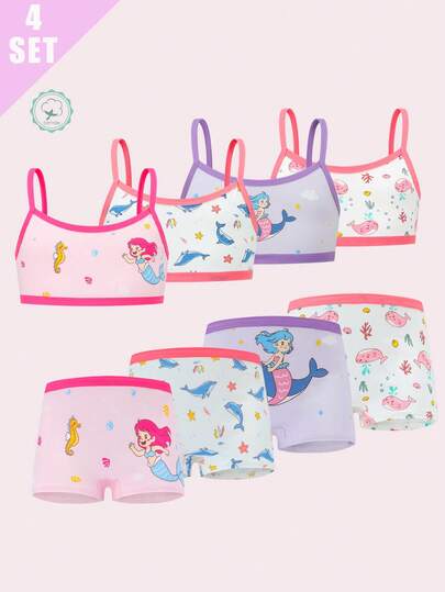 4pcs/Set Girls' Elastic Cotton Mermaid Pattern Comfortable Breathable Vest & Panty Set