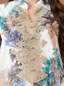 Siskakia Muslim Women's Elegant Party Dress, Floral Sequin Square Neck Abaya, Luxury Style - White - View 7