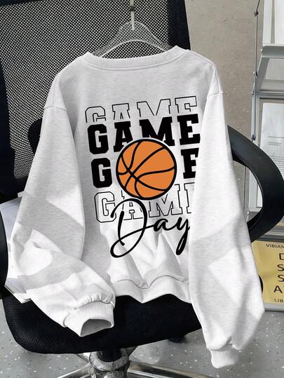 Sudadera de cuello redondo de manga larga con estampado de baloncesto, estilo deportivo informal para niños preadolescentes, ropa de otoño e invierno para estudiantes
