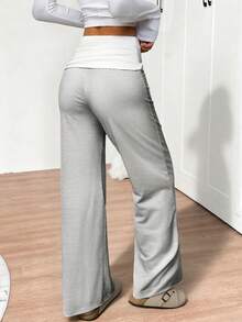 Sunny Girly Spring Women's Back To School Striped Straight-Leg Pants, With A White Ruffled Waist Design, Suitable For Valentine's Day Wear - Light Grey - View 5