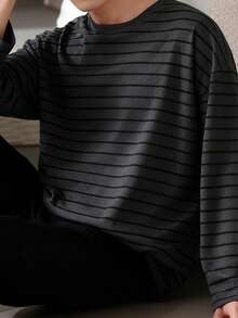 AICJ 男士休闲宽松睡衣套装（两件套），条纹圆领长袖套头衫和长裤，针织面料，适合派对、居家、旅行、春秋冬三季穿着。