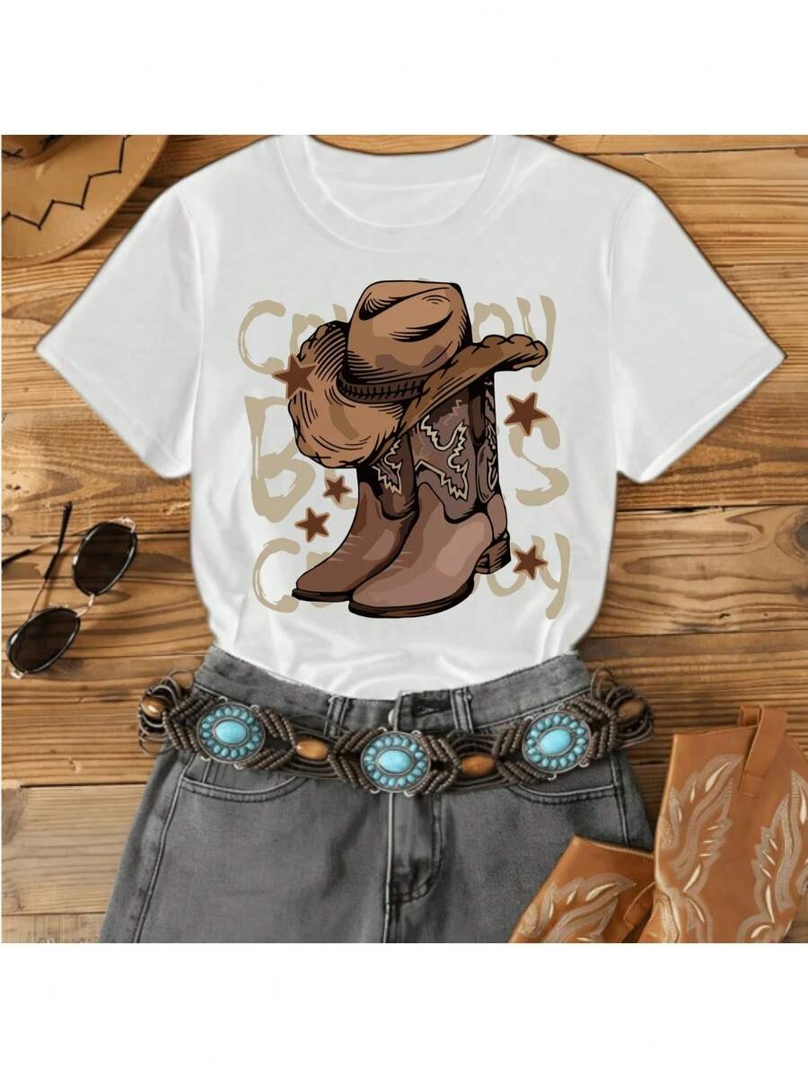 Women's T-Shirt With Cowboy Boots Graphic Design - New Release - 白色 - 查看 1