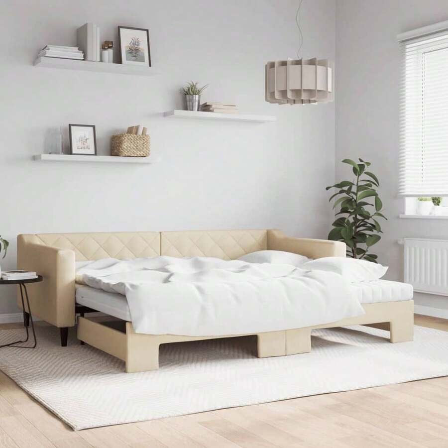 vidaXL Ausziehbares Tagesbett Mit Matratzen, Creme, 90x200 Cm, Stoff - White - View 1