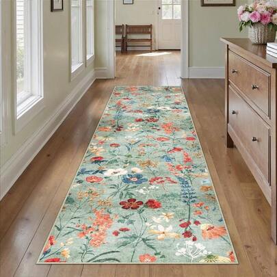 Hallway Runner Green Washable Flower Area Rug 60x240cm Non Slip Boho Natural Modern Floral Long Carpets Runners Kitchen Dining Room Bedroom Bedside Office Low Pile Carpet