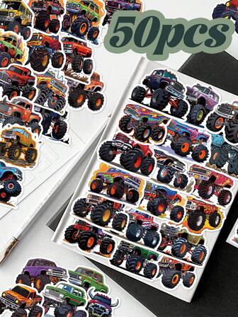 50 piezas Pegatinas impermeables de Monster Truck - Reutilizables, autoadhesivas para gadgets y patinetas, ideal para fans y regalos de fiesta