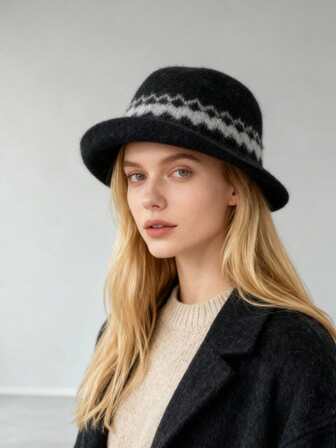 新作 甘くバーサタイルなブリムジャカード 暖かい ニットバケットハット レディース、日本のカジュアルスタイル ニットバケットハット 寒い季節のアウトフィット女性用