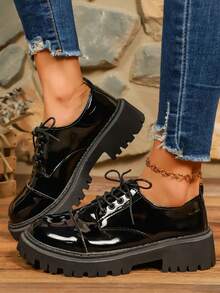 Spring New Thick Sole Lace-Up Round Toe Casual Fashion Women's Sports Oxfords, Brogues, Mary Janes - Black - View 1