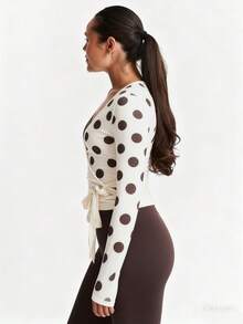 Women Ballet Wrap Top Long Sleeve Deep V Neck Cross Tie Workout Pilates Yoga Shirts Wrap Tie Crop Tops Sportswear Y2k Streetwear Slim Fitted Coquette Blouses - 彩色 - 查看 9