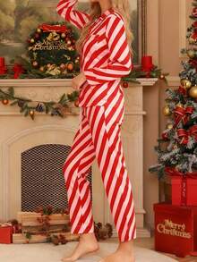 Women Striped Satin Pajama Set Y2k Silk Pajamas Button Down Shirts High Waist Pants 2 Piece Lounge Sets Matching Pjs - 紅色 - 查看 6