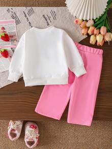 2件套女婴可爱3D草莓印花圆领长袖上衣和休闲裤套装，春秋季