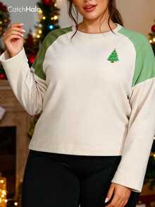 1pc Plus Size Fleece Sweatshirt Beige Colorblock Christmas Top Tree Embroidery Slim Fit Sports Pullover - Apricot - View 3