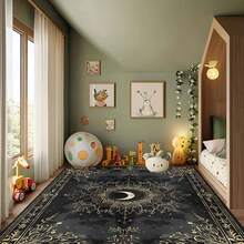 1Pc Large Mystical Moon & Golden Crescent Floral Area Rugs, Celestial Black With Golden Accents,Non-Slip Backing, Lightweight, Durable Polyester, Machine Washable, Easy To Clean, Soft Felt Back, Rug For Living Room, Bedroom Or Office, Sofa, Coffee Table, Kitchen, Bathroom, Balcony, Entrance Carpet, Apartment, Dormitory, Porch, Patio, Farmhouse Decor, Halloween, Fall Decor, Dark Academia Style, Indoor Use, Rugs For Living Room, Low Pile Carpet - 樣式 1 - 查看 3