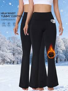2pcs High Waist Flare Leg Thermal Lined Yoga Pants, Elastic Waist Drawstring Sweatpants With Pockets For Women, Warm Soft Lined Bootcut Trousers For Workout, Running, Autumn/Winter - Black - View 2