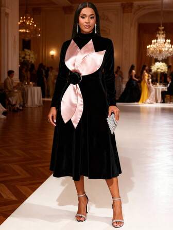 Damen schwarzes elegantes Vintage Samt Midi-Kleid mit rosa Satin 3D Blumen Langarm Stehkragen A-Linie Chic Kleid für Partys