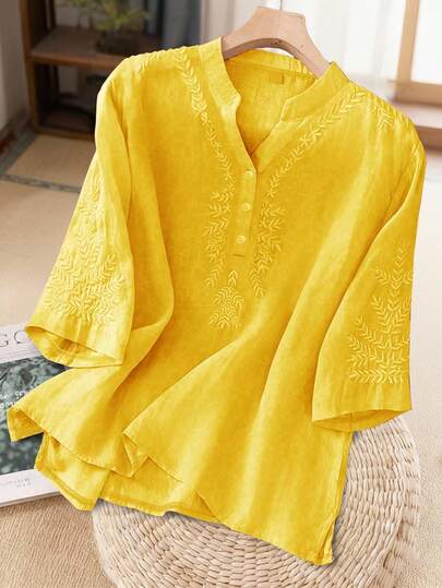 Blusa de lino suelta, casual, de unicolor y con bordado asimétrico, para mujer en primavera y verano