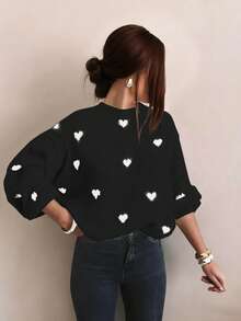 Autumn And Winter Women's Valentine's Day Cute Casual Heart-Patterned Loose-Fit Fashionable Sweater With Round Neck And Long Sleeves, Basic Sweater, Business Casual Women's Clothing, Autumn Top, Autumn Sweater, Women's Winter Clothing, Women's Autumn And Winter Clothing, Autumn Clothing - Black - View 3