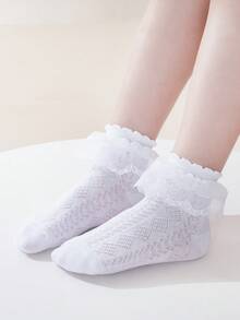 3双装女士蝴蝶结蕾丝花边网眼芭蕾/拉丁舞袜，夏季 - 白色 - 查看 3