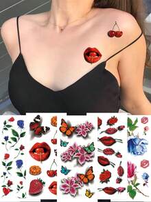 5 piezas de pegatinas de tatuajes temporales coloridos, pegatinas de labios para el Día de San Valentín, con patrones de rosas, flores y corazones, adecuados para parejas, pegatinas de tatuajes desechables de estilo Y2K para el Día de San Valentín - Multicolor - Ver 10