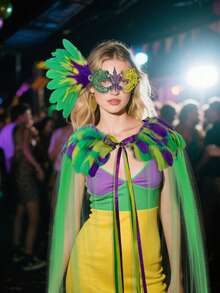 Ensemble de costume de carnaval - Masque de mascarade en plumes et jupe en tulle vert avec ceinture en plumes, masque en plumes pour femme, ensemble de demi-masque en dentelle dégradé, masque de mascarade, accessoires de costume d'Halloween, accessoires de robe de fête - Multicolore - Voir 3