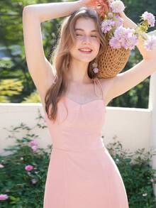 纯色优雅时尚打结开衩吊带连衣裙 粉色 春季 - 粉色 - 查看 5