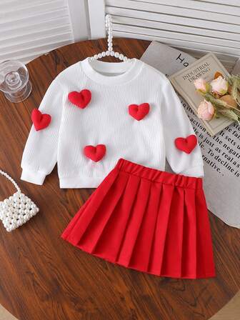 Valentine's Day Style Girls Casual Solid White Top With 3D Heart Decor Paired With Big Red Pleated Skirt Outfit