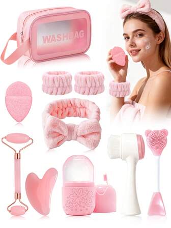 4/7/8/10pcs/Set Facial Beauty Care & Massage Tool Kit Combo - Face Massage Scraper, Roller, Ice Mold, Cleansing Brush, Face Mask Brush, Washing Sponge, Headband, Wristband, Toiletry Bag, Makeup Bag