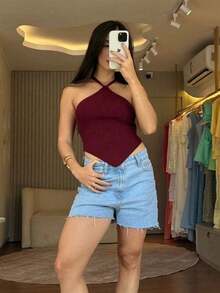 Cropped Ribbed Modal Women's Plain Halter Summer Tie Neck Knit Moura Tricot - 酒紅色 - 查看 2
