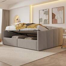Sofá-cama Polsterbett 140*200, com armazenamento hidráulico, armazenamento em tela e apoios de braço, listras clássicas, versátil para casal, tecido de veludo macio ao toque, cinza claro - CINZA CLARO + Estofado + Quarto - Ver 8