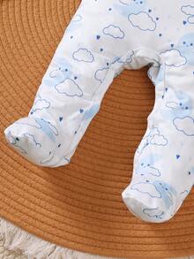 3pcs Baby Boys' Cute Daily Casual Bear Print + All-Over Bear Print + Solid White Short Sleeve Romper Set, Autumn