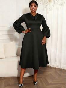 优雅修身黑色长袖中长连衣裙，配有拉链和领子，针织面料，A字廓形，适合冬季派对 - 黑色 - 查看 5