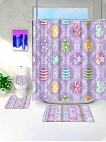 1/4 Piezas Juego de baño para el Día de San Valentín y Pascua, Decoración de baño de estilo moderno, Juego de cortina de ducha impermeable con 12 ganchos, Alfombra de baño antideslizante, Alfombrilla de baño en forma de U, Tapa de inodoro, Adecuado para regalo del hogar