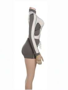 Urban Casual Stand Collar Patchwork Contrast Zipper Slim Fit Sports Shorts Set - Grey - View 4