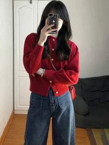 Vintage Elegant Rose Knitted Cardigan Top, Suitable For Christmas, New Year, Autumn/Winter - Red - View 4