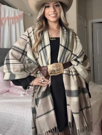 1 pieza Poncho/chal con flecos y estampado de rayas para mujer, para otoño/invierno, estilo callejero vintage, adecuado para uso diario