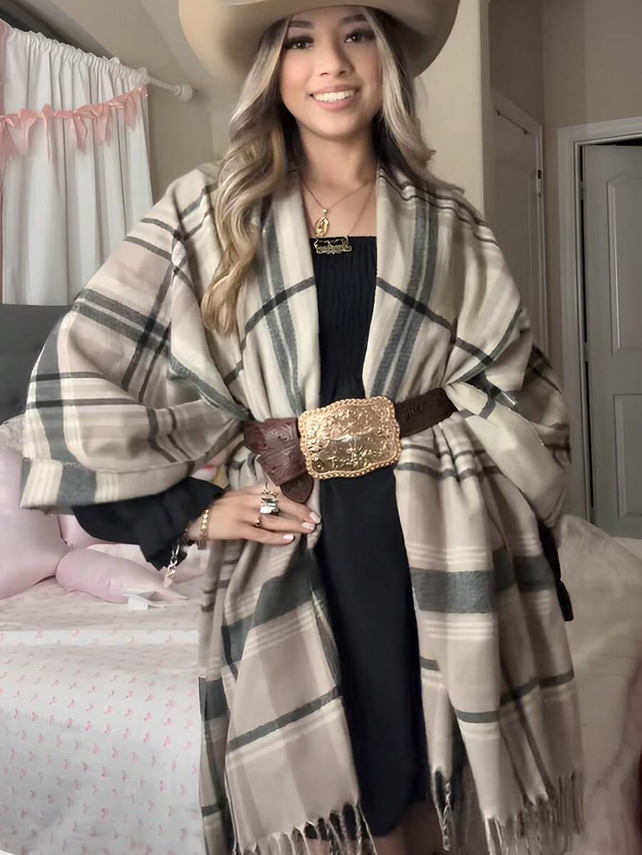 1pc Women's Autumn/Winter Striped Print Tassel Warm Poncho Shawl, Vintage Street Style Scarf Outerwear, Suitable For Daily Wear - Beige - View 1