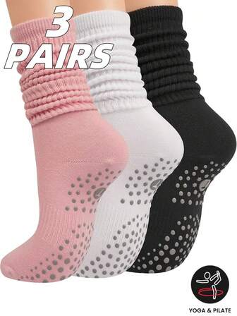 3双女士普拉提中筒袜，适合普拉提和瑜伽，也适合日常户外运动和旅行时搭配瑜伽袜穿着。