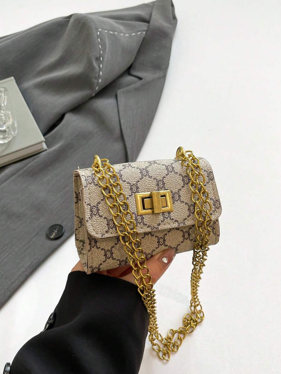 New Mini Square Bag, Women's Handbag, Rhombus Pattern Patchwork Shoulder Bag, Woven Chain Bag, Flap Small Bag, Lipstick Bag, Cute Crossbody Bag, Accessory Bag - Khaki - View 1