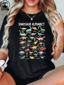 Women's% Cotton Dinosaurs Alphabet Fun And Dinosaur Patterns Dinosaur Lovers-Shirt, Women's 200g Heavy Cotton-Shirt (1 PC)Summer New Fashionable Breathable Women's Short Sleeves Summer Cotton Breathable Printed Short Sleeved Shirt Comfortable Printed Top Unisex Comfortable Retro Cotton-Shirt-K91Unisex Casual-Shirts - 黑色 - 查看 6