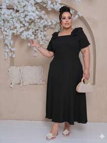 Women's Plus Size Midi Dress With Lined Square Neckline, Short Sleeves, Shoulder Tie, Padded Cups And Elastic Back In Duna Linen - Elegant Fashion Party Dress - 黑色 - 查看 4