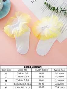 1 Pair Girls/Kids Ruched Hem Socks, Daily Wear Princess Baby Pleated Lace Trim Socks - Yellow - View 4