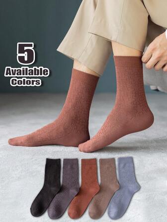 2/3/5 Pairs Men's Puzzle Jacquard Antibacterial Mid-Calf Socks, Soft, Skin-Friendly, Warm For Autumn/Winter, Business Casual Everyday Wear