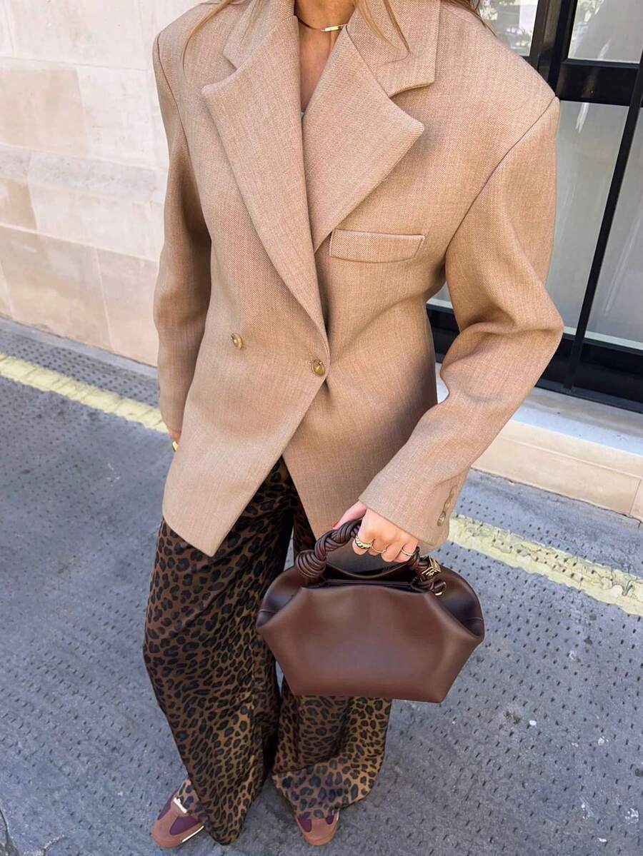 Classic Solid Color Front Button Faux Pocket Women's Blazer Jacket Women's Fitted Long Sleeve Blazer Jacket, Suitable For Work Or Casual Wear - Khaki - View 1