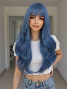 1 件浅蓝色 26 英寸耐热纤维长款自然波浪卷合成假发，带刘海，适合女性、女孩参加派对和日常佩戴 - 彩色 - 查看 15