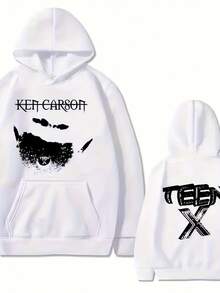 Men'S Casual Abstract Print Hoodie - "KEN CARSON" Design Black Pul With White Lettering Loose Fit Machine Washable Long Sleeve Fall/Winter Style Sweater Hoodie Sweatshirts For Women Hoodies For Men Black Hoodie For Women Men's Hoodie Sweatshirts For Men - 白色 - 查看 6