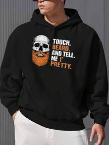 Schädelbart JPH-9 Plus Size Herren Muster Hoodie - Leuchtendes Rot mit aufregendem Schädel- und Bartdruck, Text Beef, lockere lässige Pullover, maschinenwaschbar, Plus Size, Alltagskleidung, lustiges Buchstaben-Design, nicht dehnbares Material - Schwarz - Übersicht 1