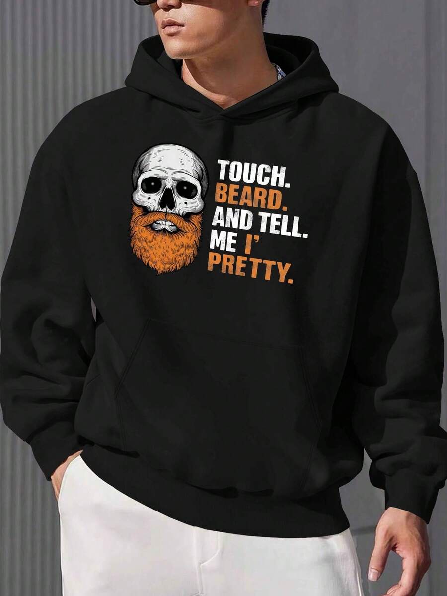 Schädelbart JPH-9 Plus Size Herren Muster Hoodie - Leuchtendes Rot mit aufregendem Schädel- und Bartdruck, Text Beef, lockere lässige Pullover, maschinenwaschbar, Plus Size, Alltagskleidung, lustiges Buchstaben-Design, nicht dehnbares Material - Schwarz - Übersicht 1